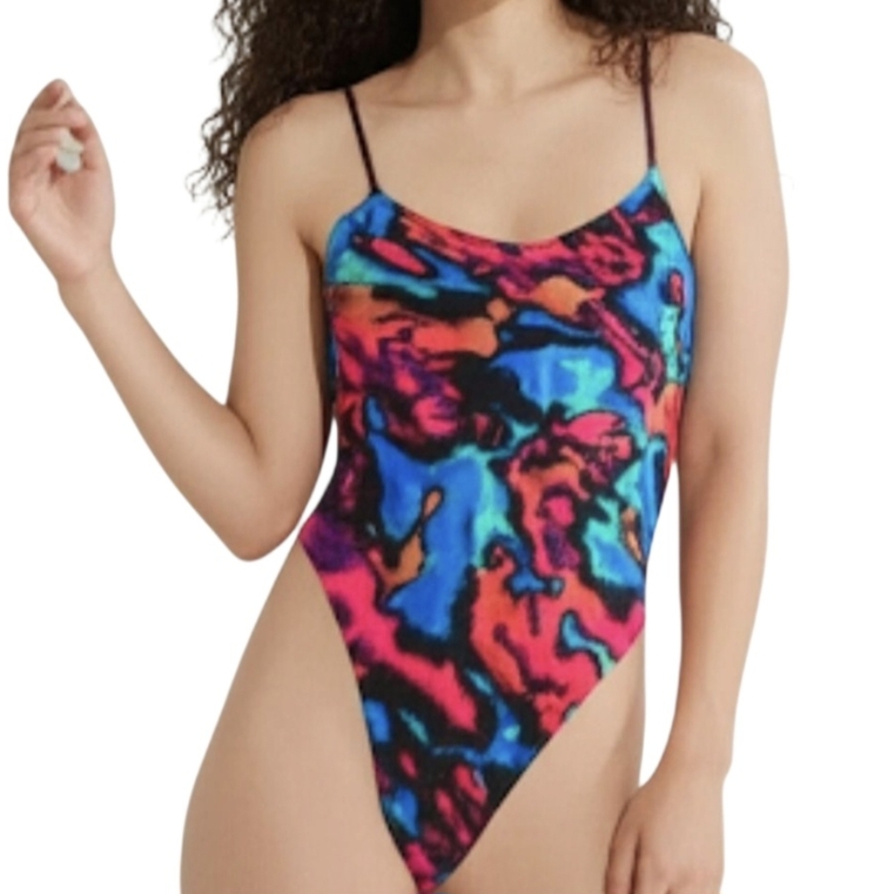 Lasoie Vintage Multicolor Abstract 100% Silk Cami Bodysuit RUNS SMALL SZ M
